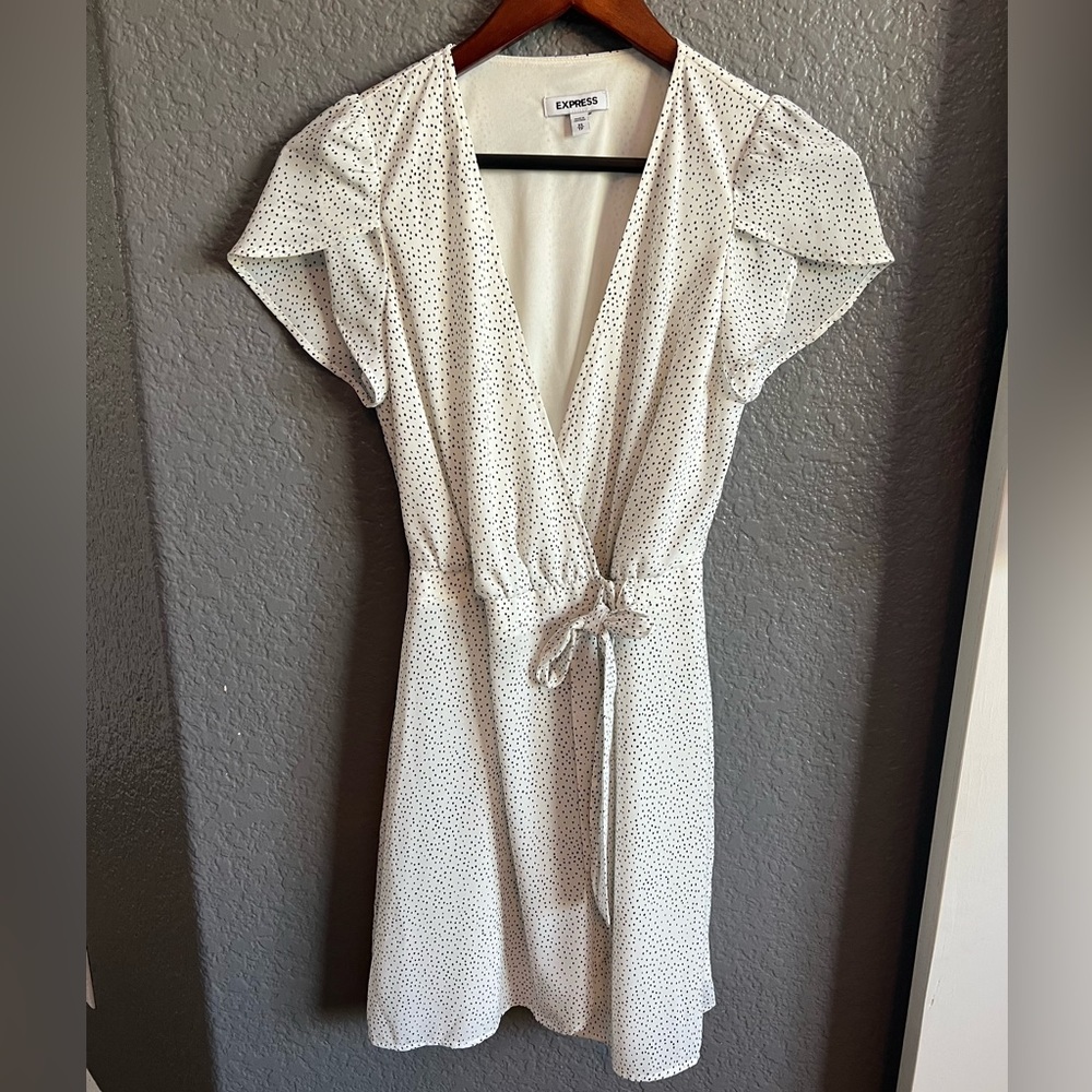 XS Express white and black polka dot wrap dress